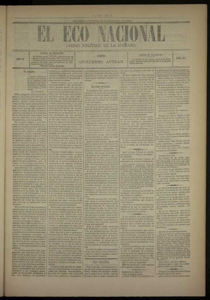 Miniatura de El Eco Nacional de 21 de diciembre de 1884, nº 861