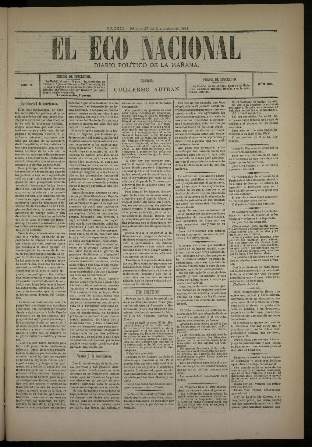 Miniatura de El Eco Nacional de 27 de diciembre de 1884, nº 865