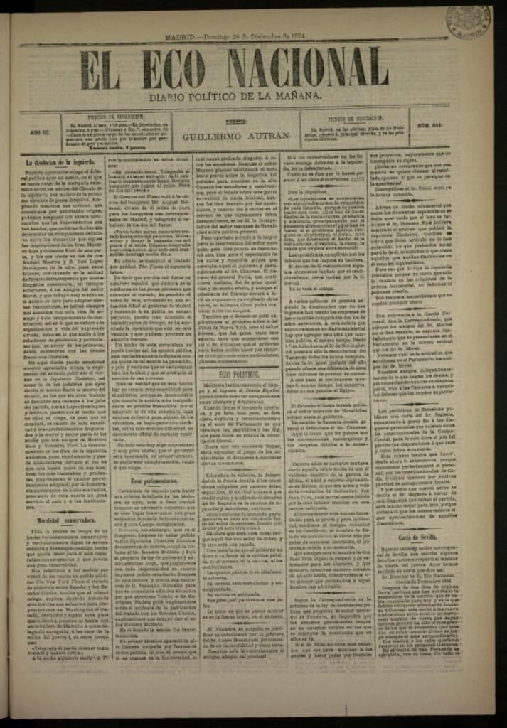 Miniatura de El Eco Nacional de 28 de diciembre de 1884, nº 866