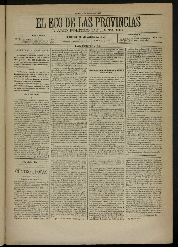 Miniatura de El Eco de las Provincias de 14 de febrero de 1883, nº 296