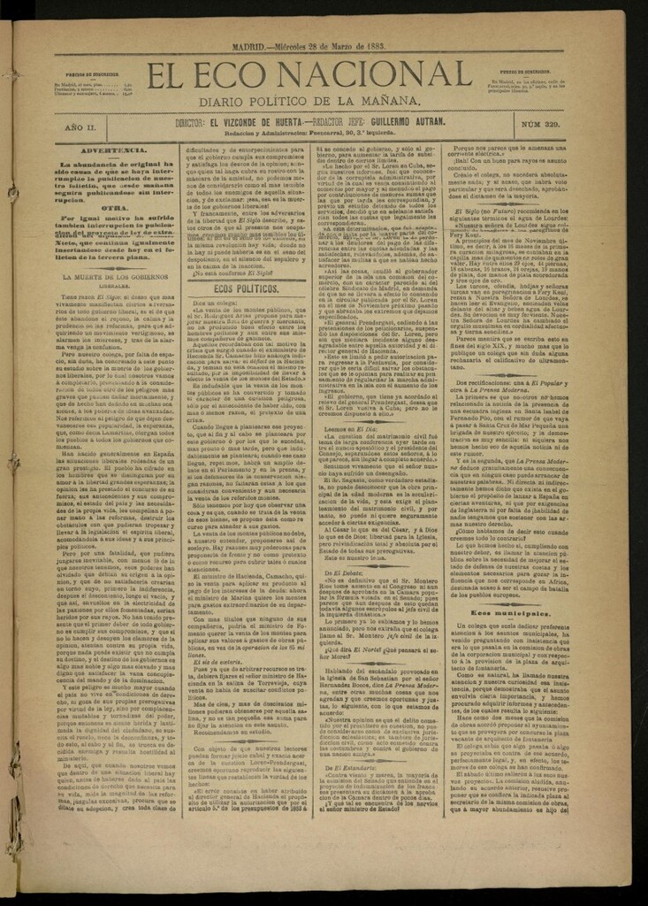 Miniatura de El Eco Nacional de 28 de marzo de 1883, nº 329