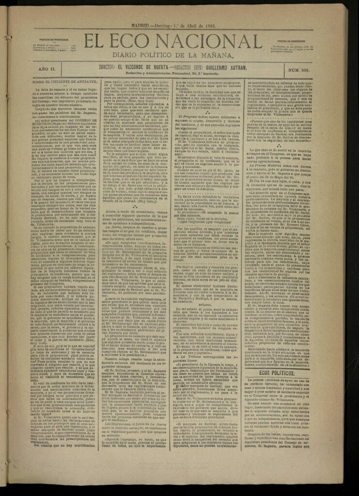 Miniatura de El Eco Nacional de 1 de abril de 1883, nº 333