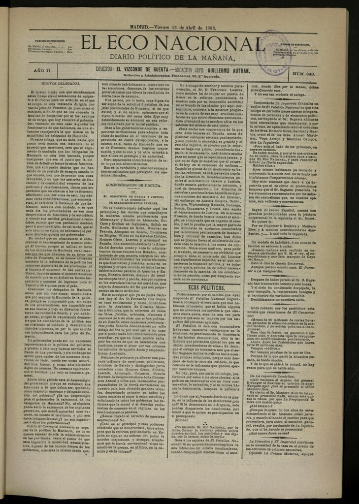 Miniatura de El Eco Nacional de 13 de abril de 1883, nº 343