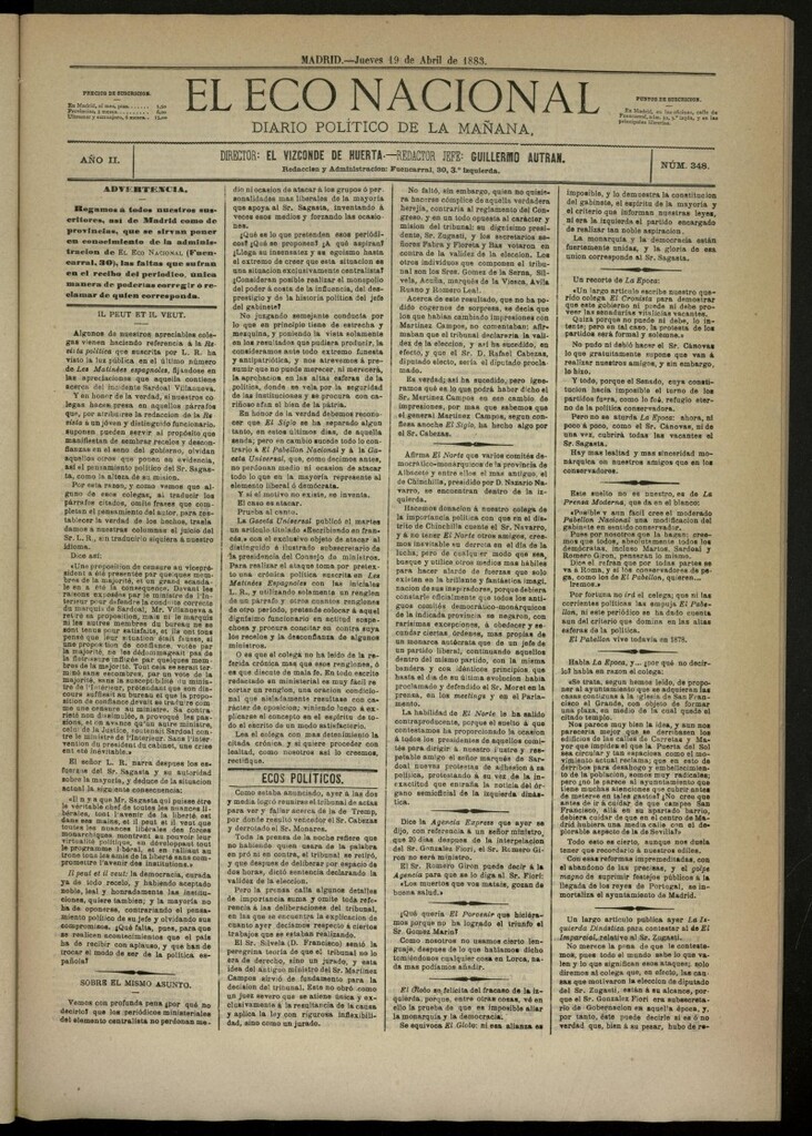 Miniatura de El Eco Nacional de 19 de abril de 1883, nº 348