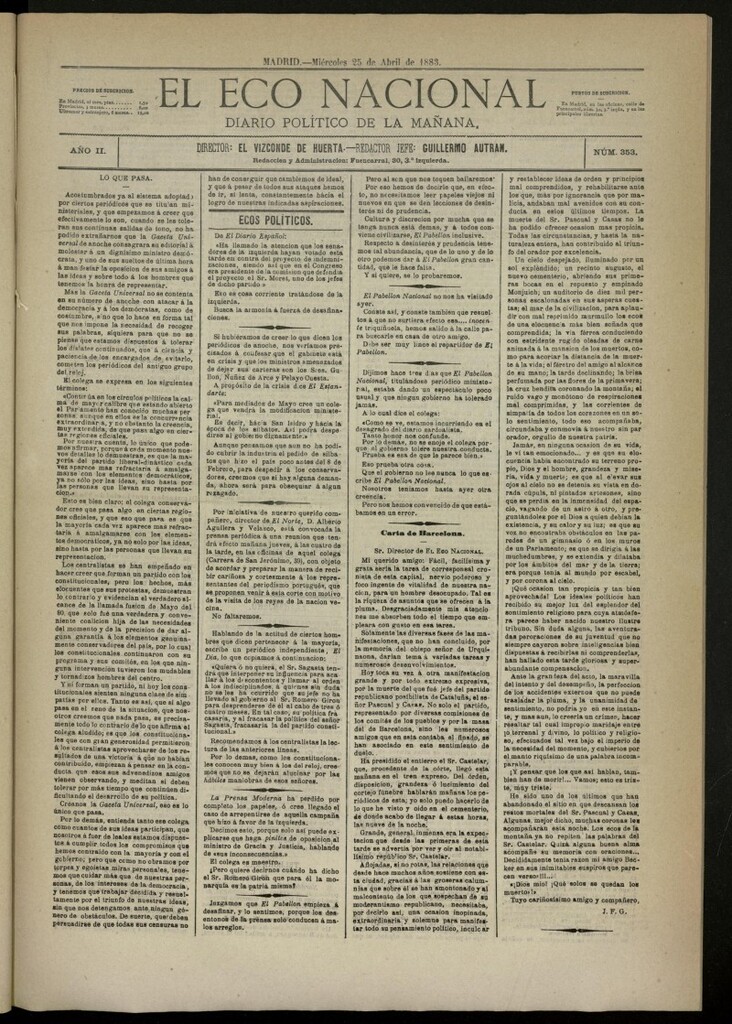 Miniatura de El Eco Nacional de 25 de abril de 1883, nº 353