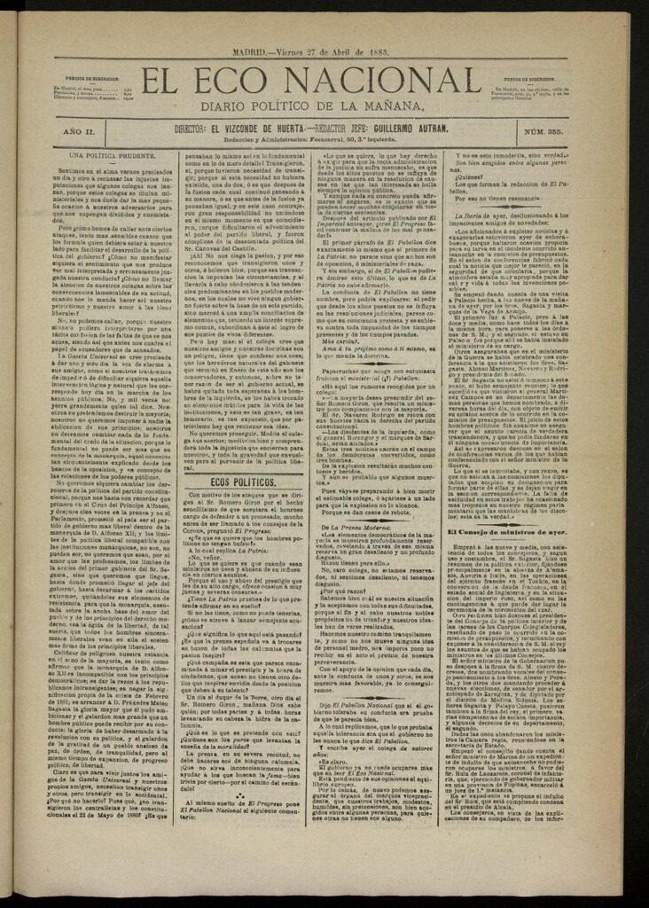 Miniatura de El Eco Nacional de 27 de abril de 1883, nº 355