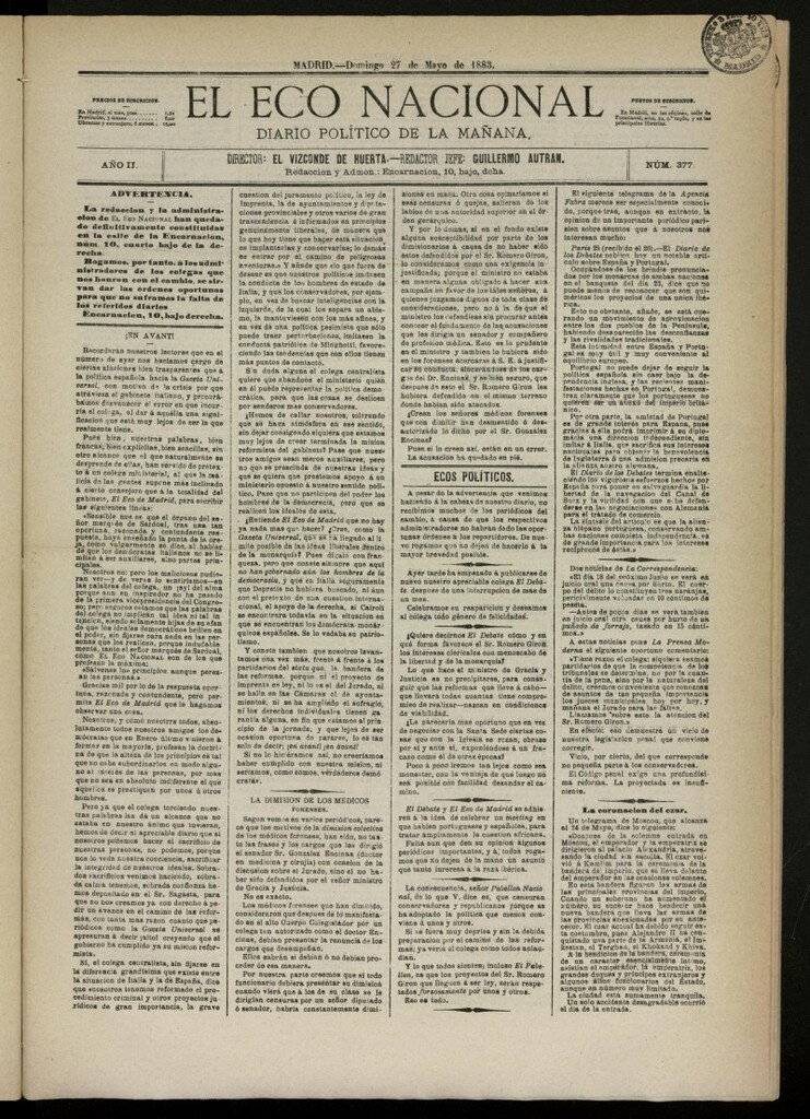 Miniatura de El Eco Nacional de 27 de mayo de 1883, nº 377