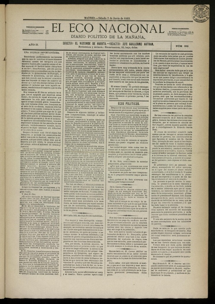 Miniatura de El Eco Nacional de 2 de junio de 1883, nº 382