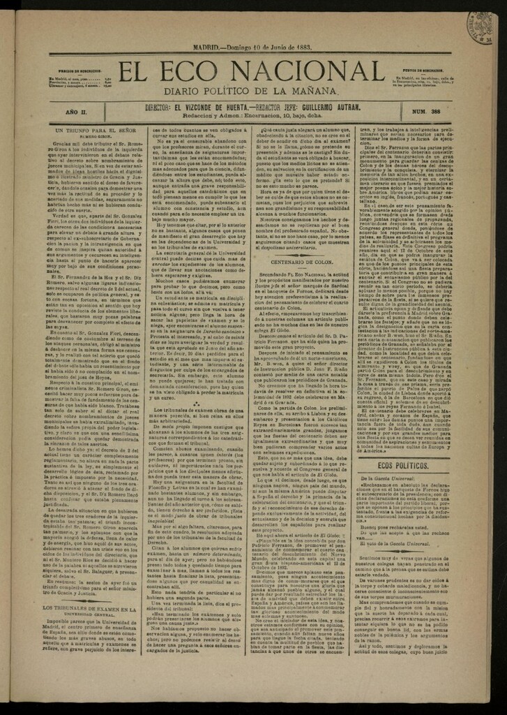 Miniatura de El Eco Nacional de 10 de junio de 1883, nº 388