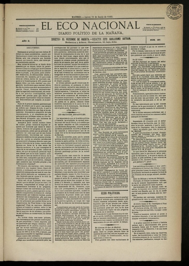 Miniatura de El Eco Nacional de 21 de junio de 1883, nº 397