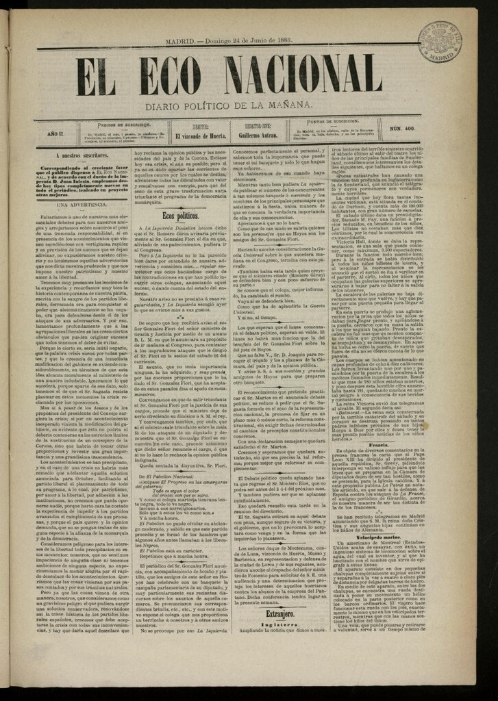 Miniatura de El Eco Nacional de 24 de junio de 1883, nº 400