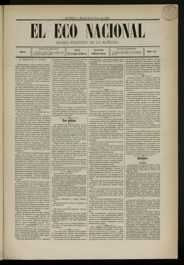 Miniatura de El Eco Nacional de 26 de junio de 1883, nº 401