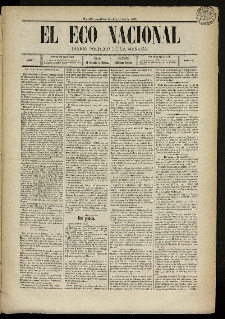 Miniatura de El Eco Nacional de 4 de julio de 1883, nº 407