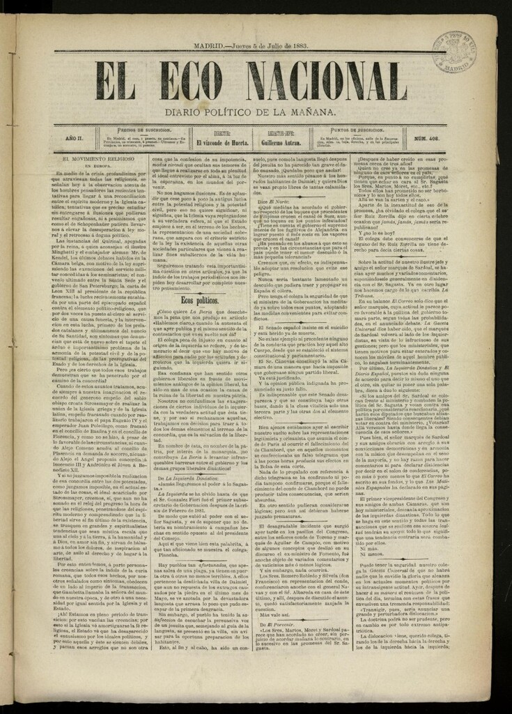 Miniatura de El Eco Nacional de 5 de julio de 1883, nº 408