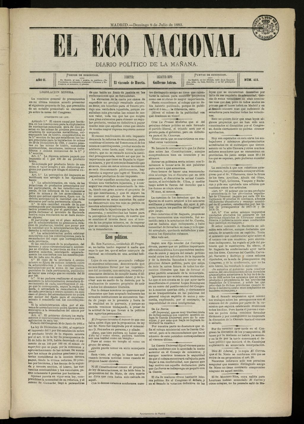 Miniatura de El Eco Nacional de 8 de julio de 1883, nº 411