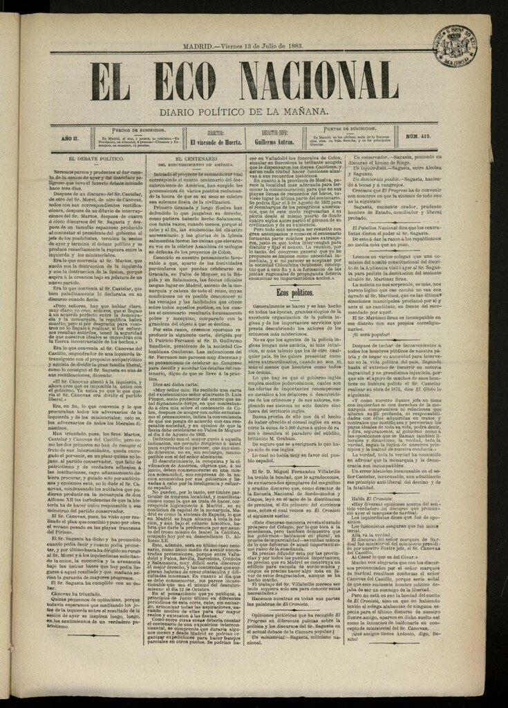 Miniatura de El Eco Nacional de 13 de julio de 1883, nº 415