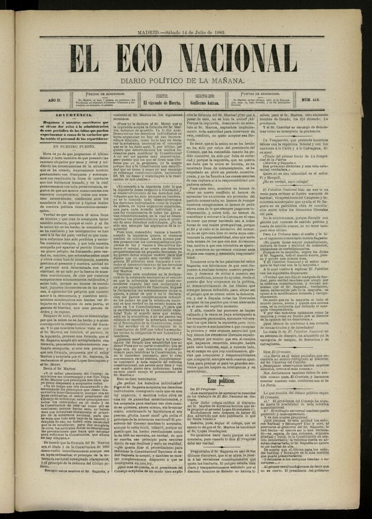 Miniatura de El Eco Nacional de 14 de julio de 1883, nº416