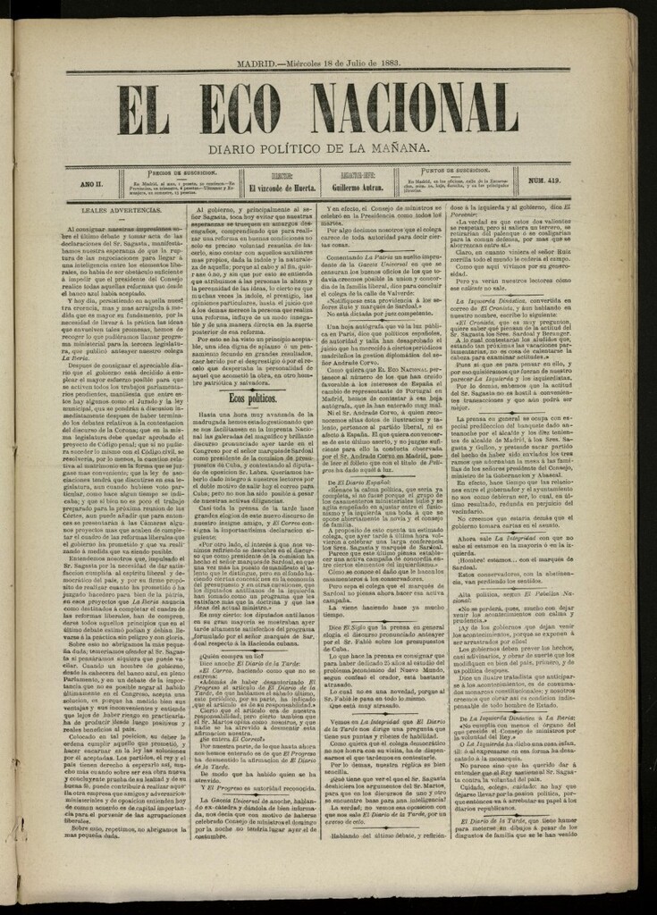 Miniatura de El Eco Nacional de 18 de julio de 1883, nº 419