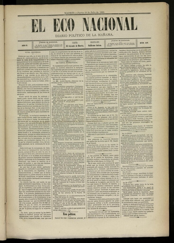 Miniatura de El Eco Nacional de 19 de julio de 1883, nº 420