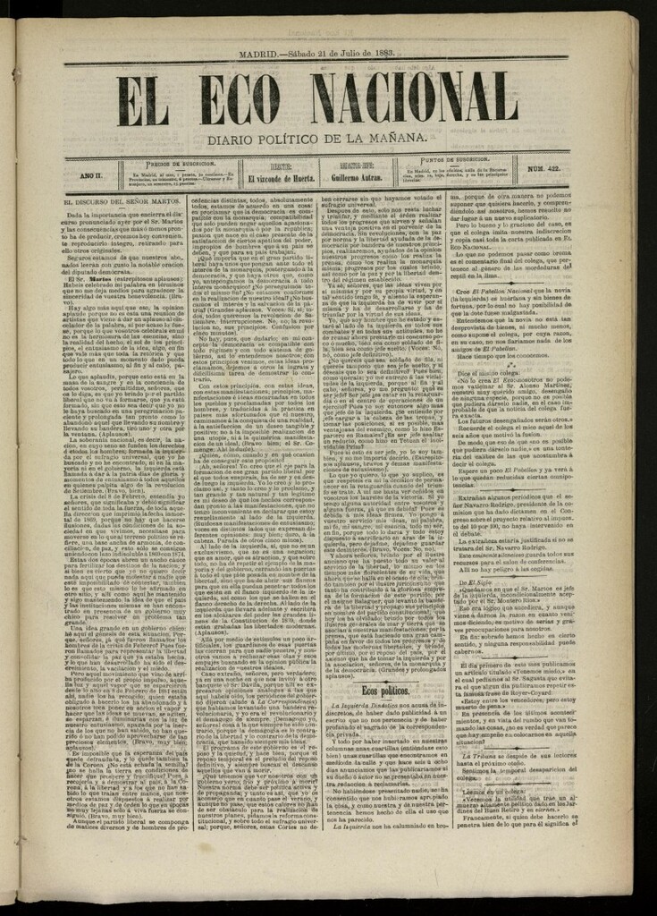 Miniatura de El Eco Nacional de 21 de julio de 1883, nº 422