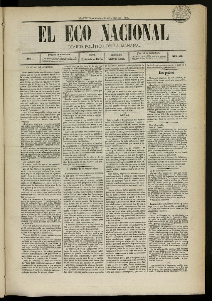Miniatura de El Eco Nacional de 24 de julio de 1883, nº 424