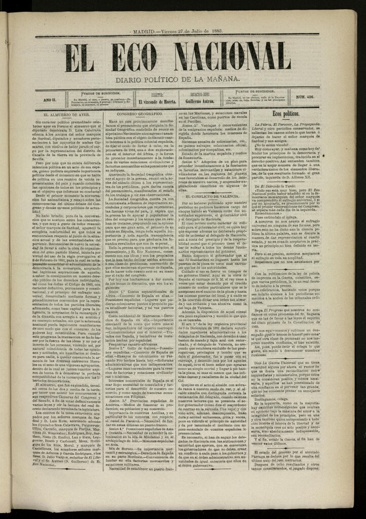 Miniatura de El Eco Nacional de 27 de julio de 1883, nº 426