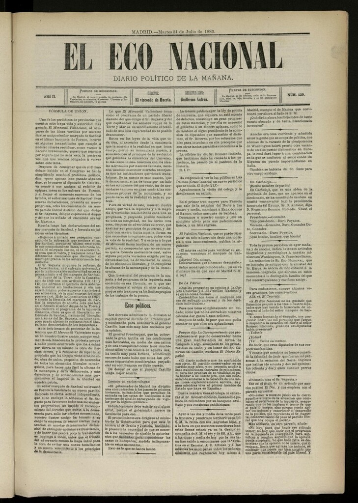 Miniatura de El Eco Nacional de 31 de julio de 1883, nº 429