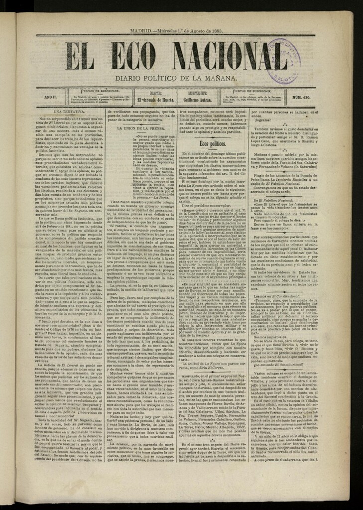 Miniatura de El Eco Nacional de 1 de agosto de 1883, nº 430