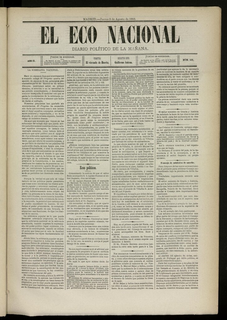 Miniatura de El Eco Nacional de 2 de agosto de 1883, nº 431