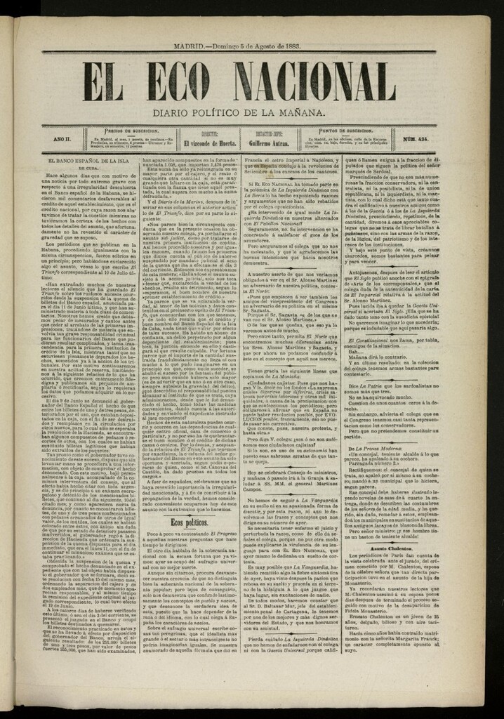 Miniatura de El Eco Nacional de 5 de agosto de 1883, nº 434
