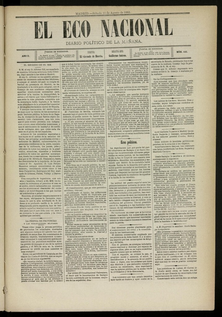 Miniatura de El Eco Nacional de 11 de agosto de 1883, nº 441