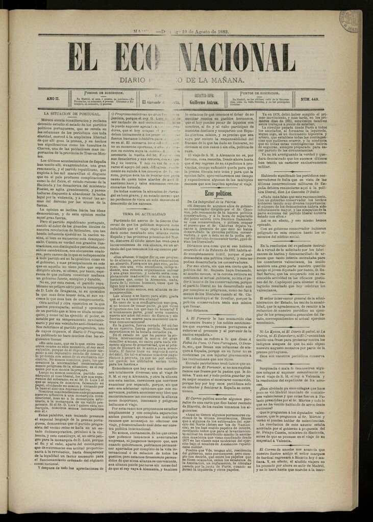 Miniatura de El Eco Nacional de 19 de agosto de 1883, nº 449 [sic]