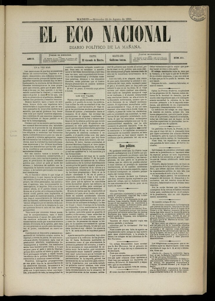 Miniatura de El Eco Nacional de 22 de agosto de 1883, nº 451