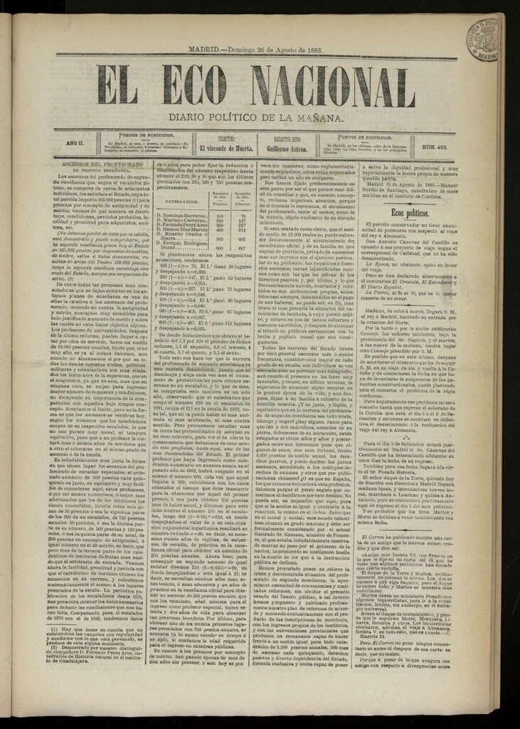 Miniatura de El Eco Nacional de 26 de agosto de 1883, nº 455