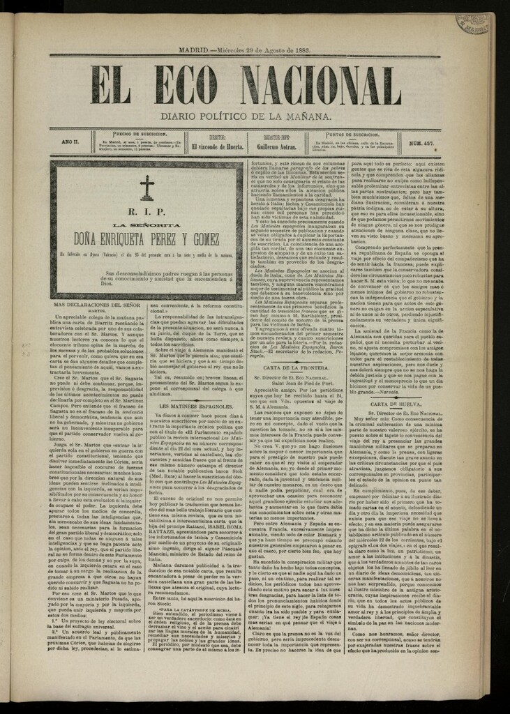 Miniatura de El Eco Nacional de 29 de agosto de 1883, nº 457