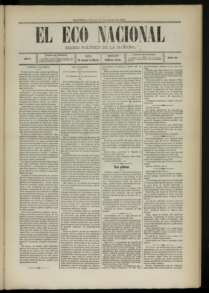 Miniatura de El Eco Nacional de 31 de agosto de 1883, nº 459