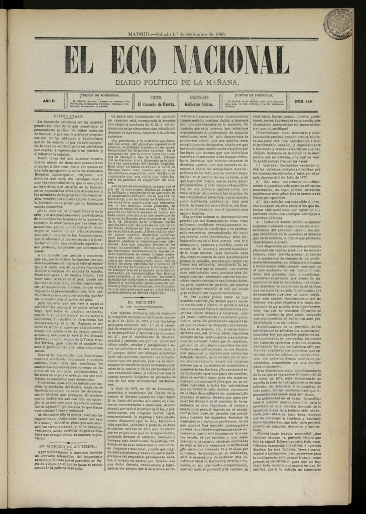 Miniatura de El Eco Nacional de 1 de septiembre de 1883, nº 460