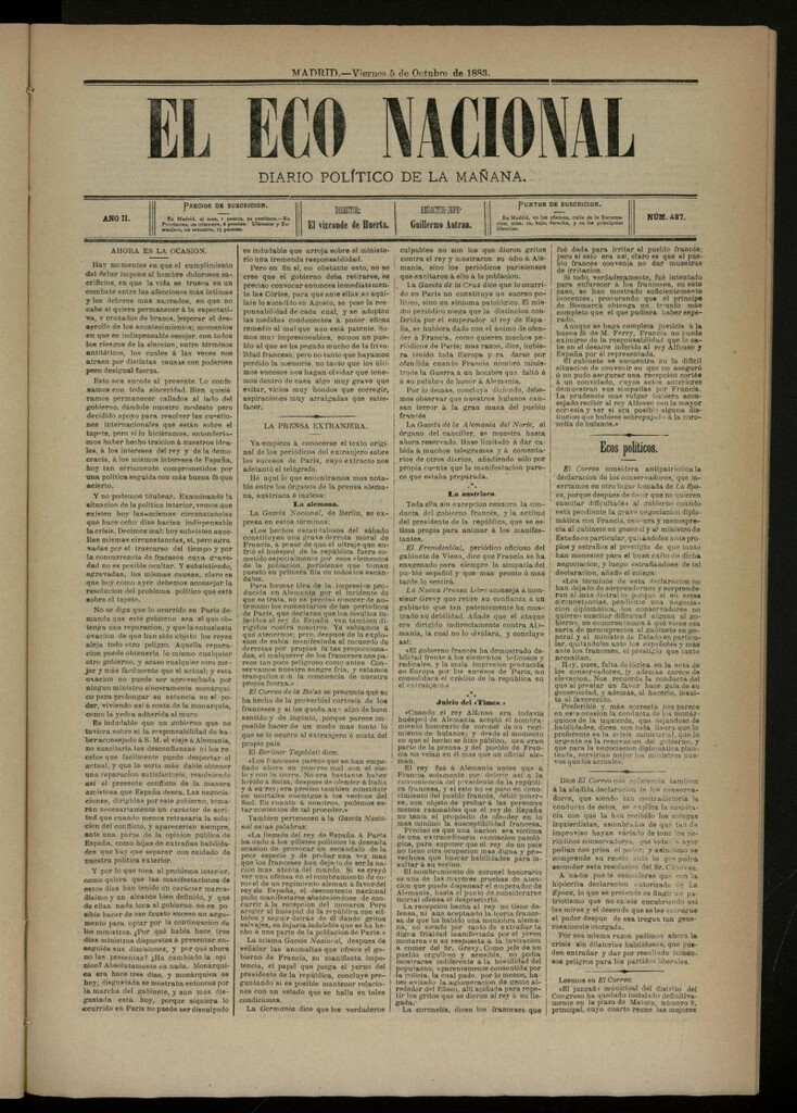 Miniatura de El Eco Nacional de 5 de octubre de 1883, nº 487