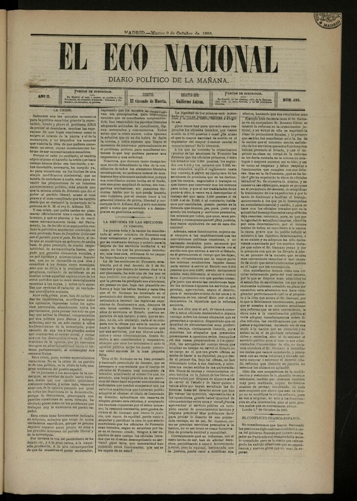 Miniatura de El Eco Nacional de 9 de octubre de 1883, nº 490