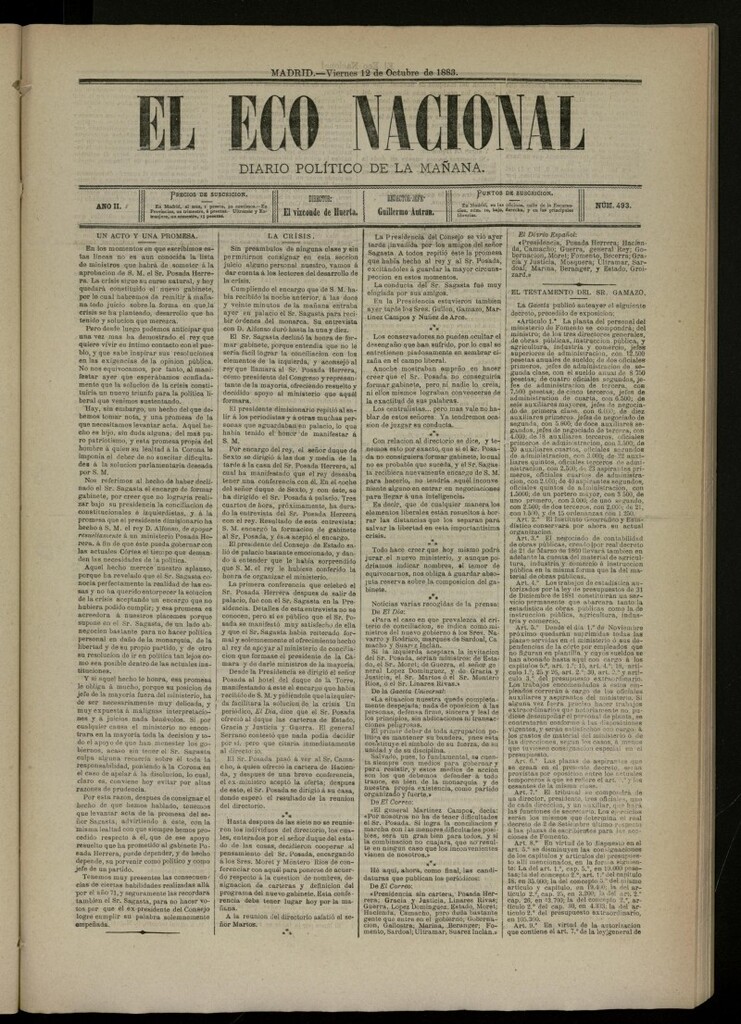 Miniatura de El Eco Nacional de 12 de octubre de 1883, nº 493