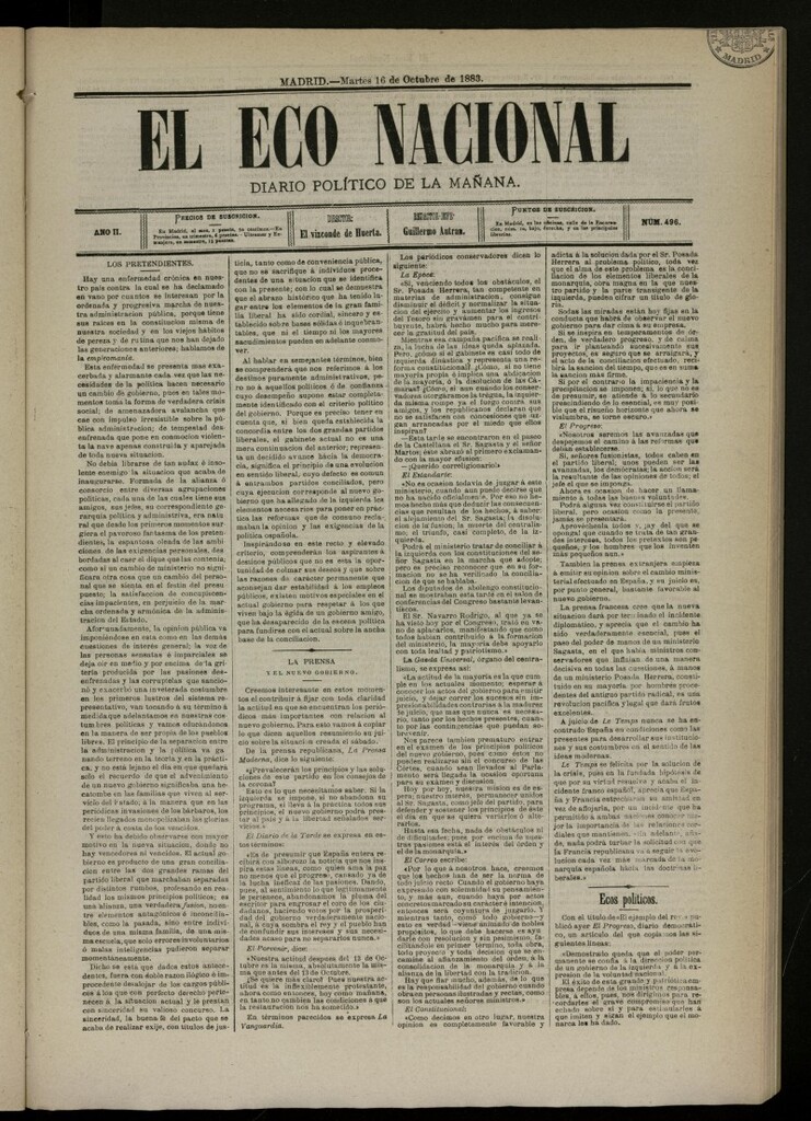 Miniatura de El Eco Nacional de 16 de octubre de 1883, nº 496