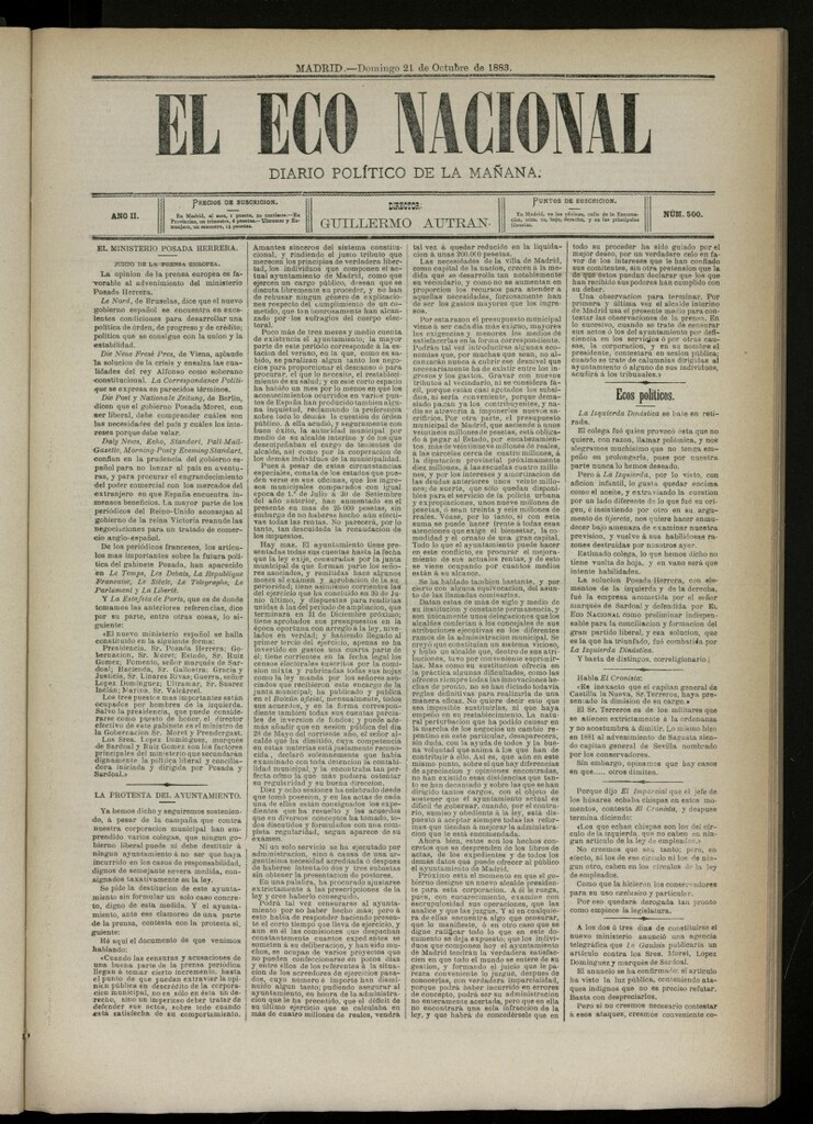 Miniatura de El Eco Nacional de 21 de octubre de 1883, nº 500