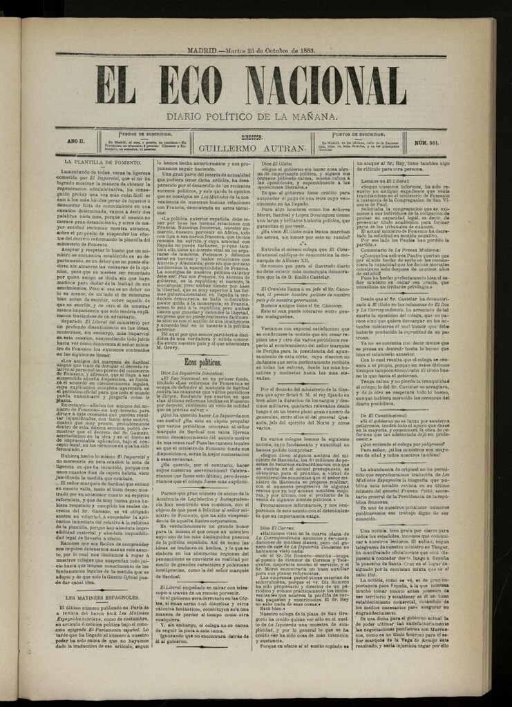 Miniatura de El Eco Nacional de 23 de octubre de 1883, nº 501