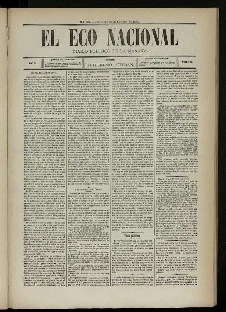 Miniatura de El Eco Nacional de 24 de octubre de 1883, nº 502