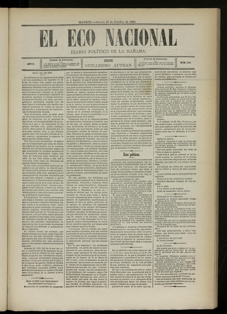 Miniatura de El Eco Nacional de 27 de octubre de 1883, nº 505