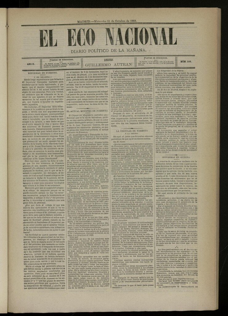 Miniatura de El Eco Nacional de 31 de octubre de 1883, nº 508