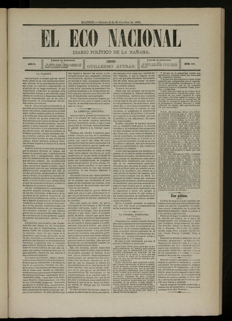 Miniatura de El Eco Nacional de 3 de noviembre de 1883, nº 501
