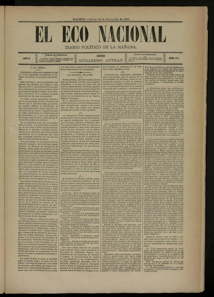 Miniatura de El Eco Nacional de 24 de noviembre de 1883, nº 519
