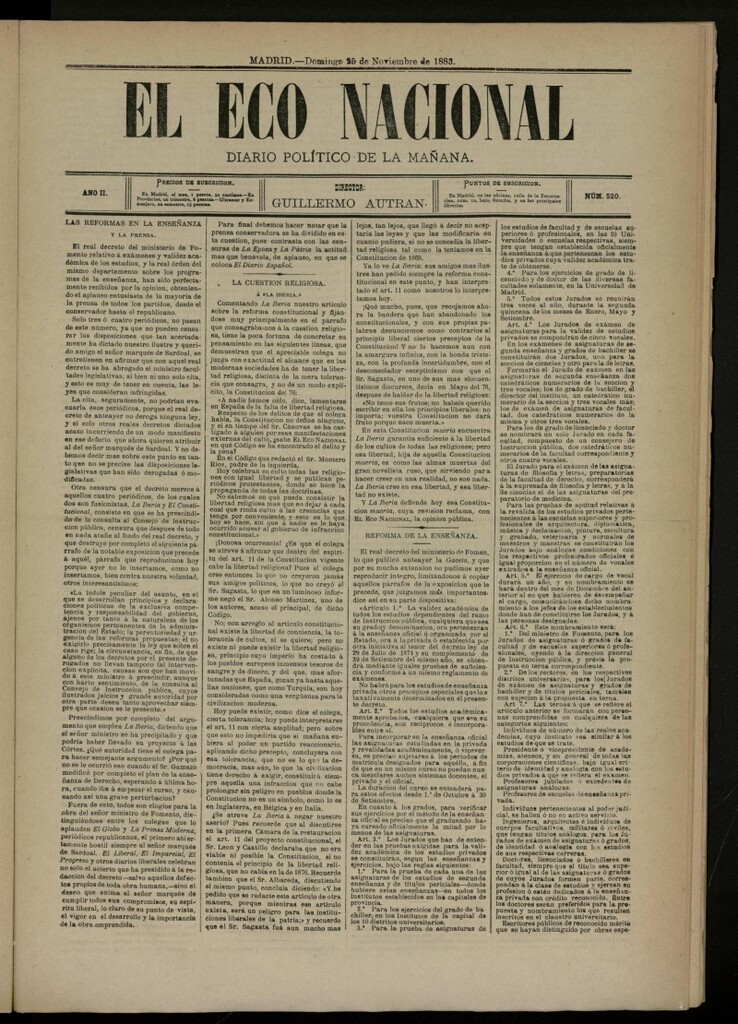 Miniatura de El Eco Nacional de 25 de noviembre de 1883, nº 520