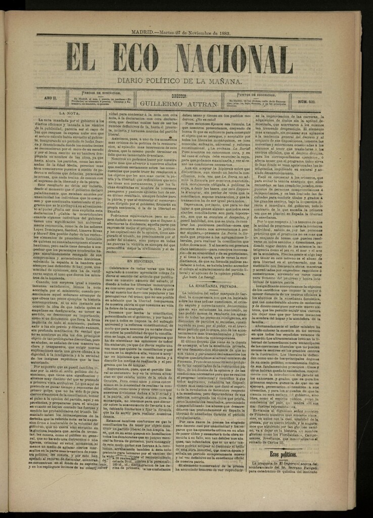 Miniatura de El Eco Nacional de 27 de noviembre de 1883, nº 521